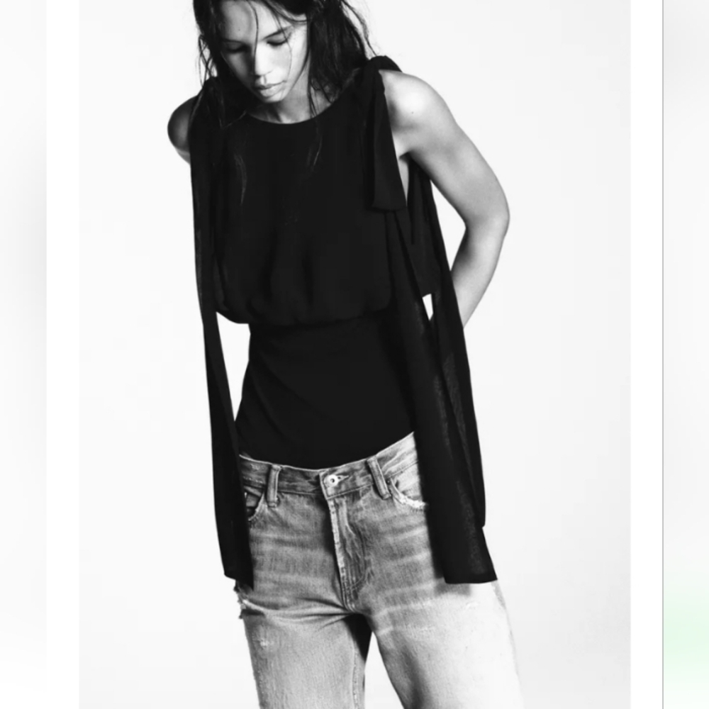 Zara Black Combination Georgette Bow Bodysuit
